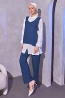 Tesettür giyim LACİVERT İNCİ DETAYLI ÜÇLÜ PANTOLONLU TAKIM T 0804