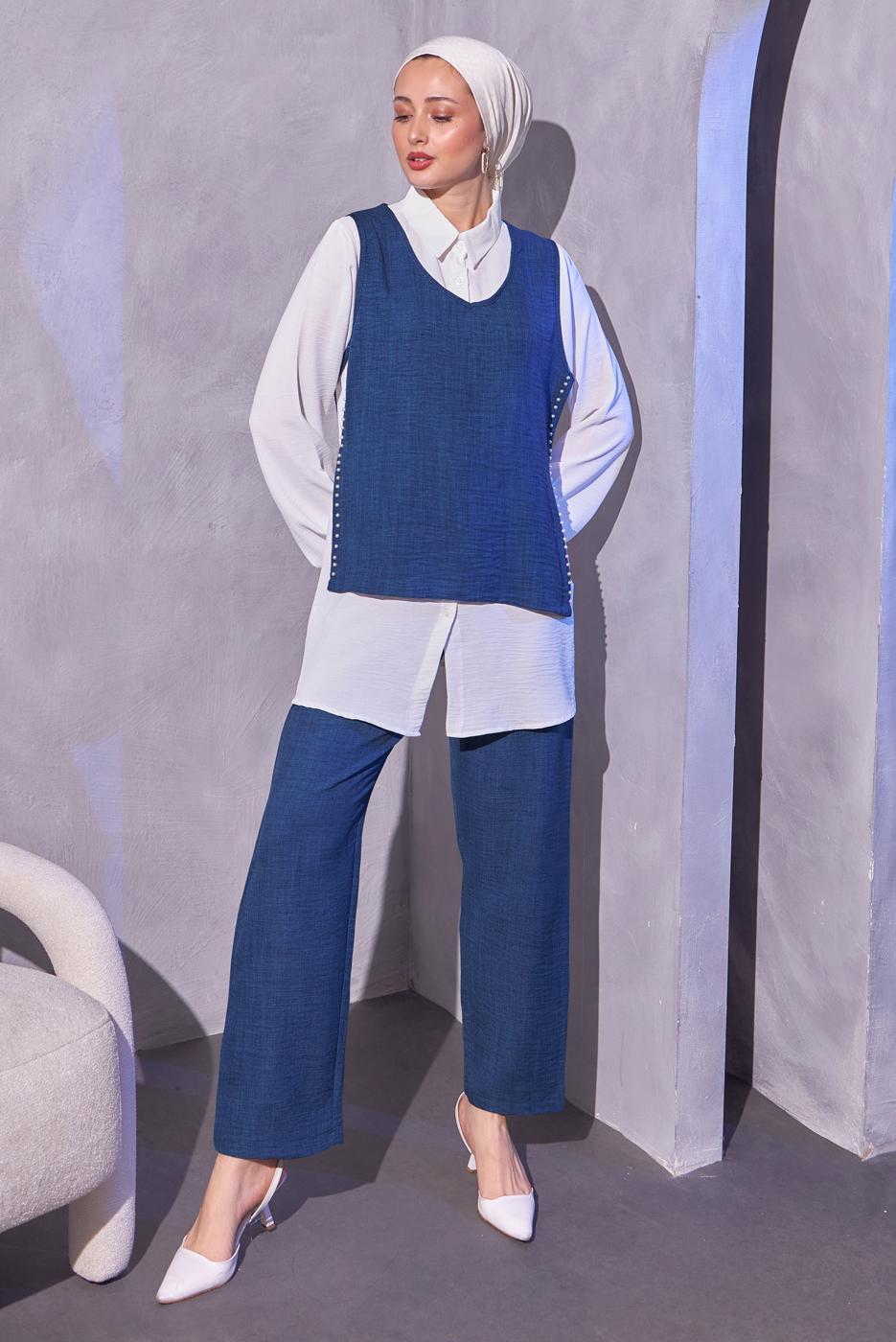 Tesettür giyim LACİVERT İNCİ DETAYLI ÜÇLÜ PANTOLONLU TAKIM T 0804