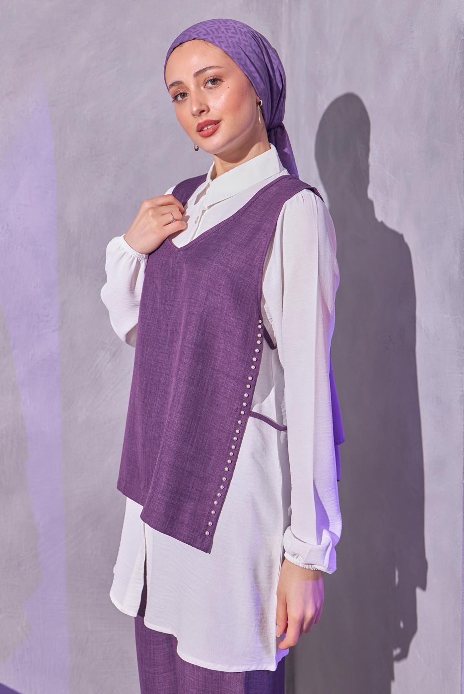 Tesettür giyim MOR İNCİ DETAYLI ÜÇLÜ PANTOLONLU TAKIM T 0804