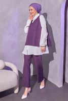 Tesettür giyim MOR İNCİ DETAYLI ÜÇLÜ PANTOLONLU TAKIM T 0804