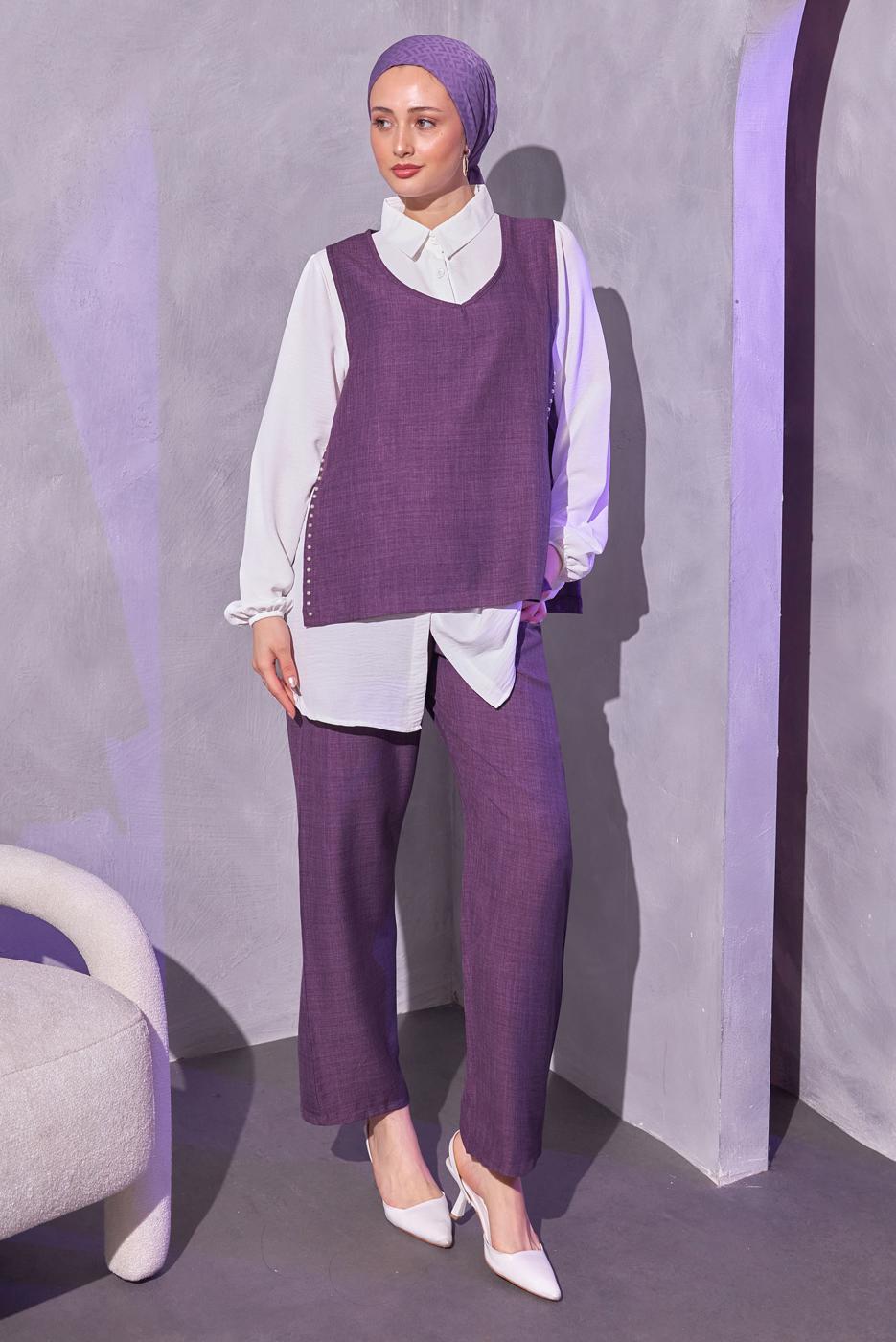 Tesettür giyim MOR İNCİ DETAYLI ÜÇLÜ PANTOLONLU TAKIM T 0804