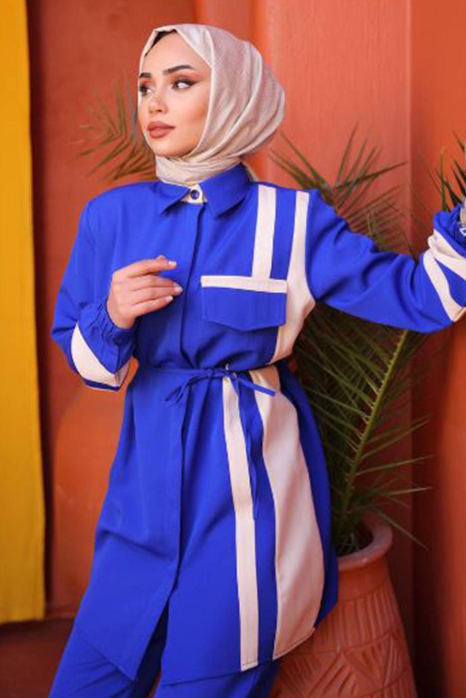 Tesettür giyim LACİVERT BAĞCIK DETAYLI PANTOLONLU TAKIM T 0891