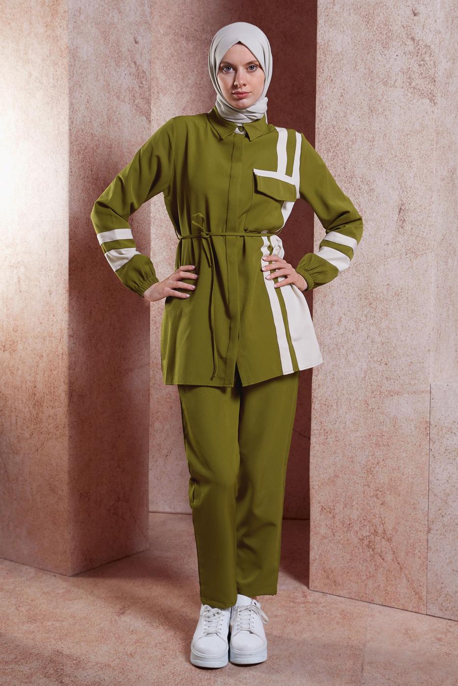 Tesettür giyim YEŞİL BAĞCIK DETAYLI PANTOLONLU TAKIM T 0891