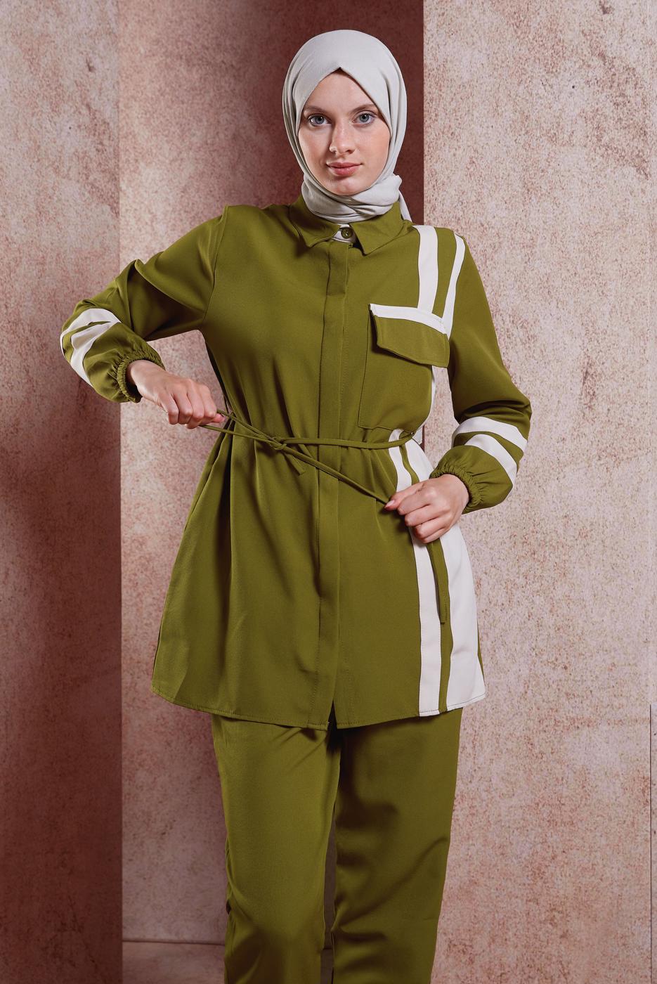 Tesettür giyim YEŞİL BAĞCIK DETAYLI PANTOLONLU TAKIM T 0891