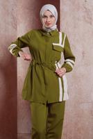 Tesettür giyim YEŞİL BAĞCIK DETAYLI PANTOLONLU TAKIM T 0891