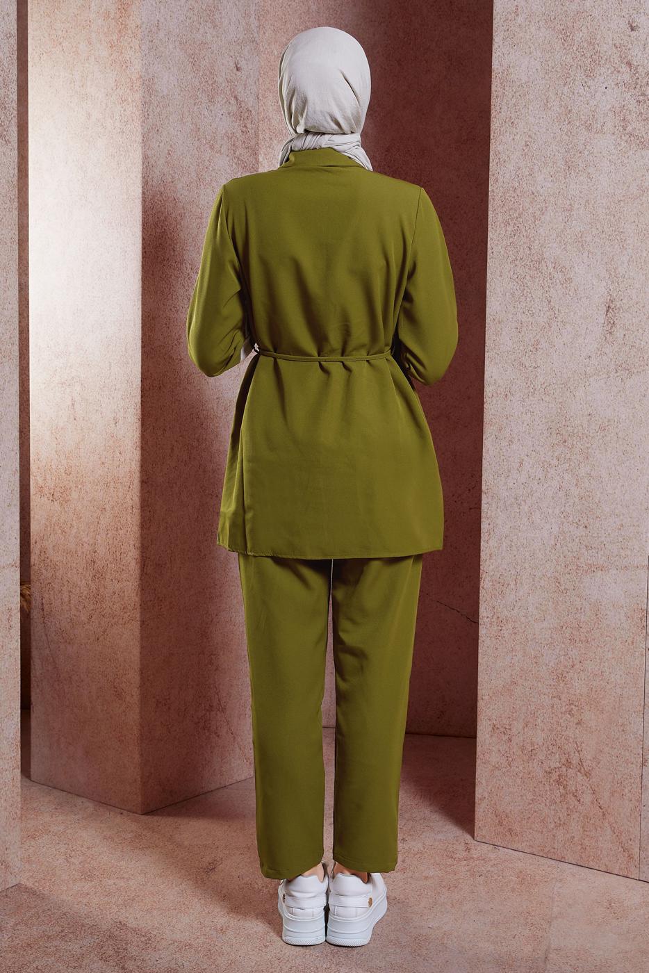 Tesettür giyim YEŞİL BAĞCIK DETAYLI PANTOLONLU TAKIM T 0891