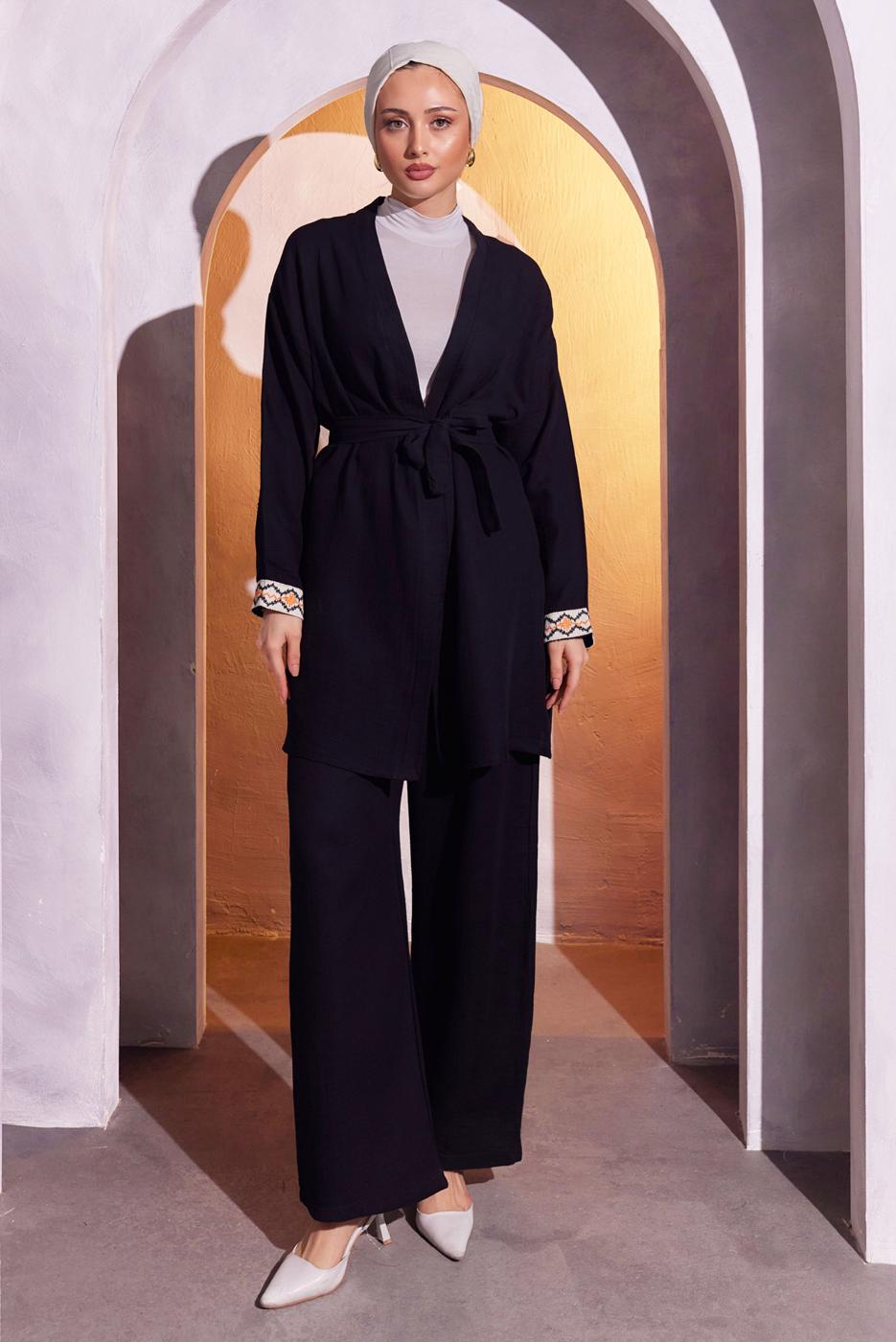 Tesettür giyim SİYAH KUŞAKLI PANTOLONLU MÜSLİN TAKIM T 0904