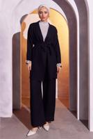 Tesettür giyim SİYAH KUŞAKLI PANTOLONLU MÜSLİN TAKIM T 0904