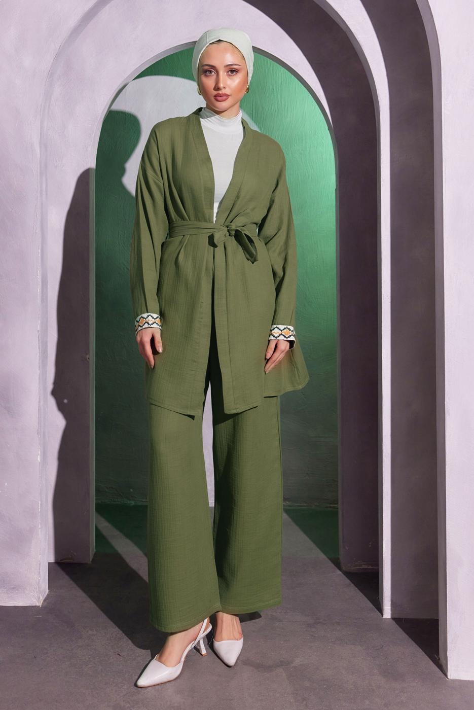 Tesettür giyim HAKİ KUŞAKLI PANTOLONLU MÜSLİN TAKIM T 0904