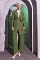 Tesettür giyim HAKİ KUŞAKLI PANTOLONLU MÜSLİN TAKIM T 0904