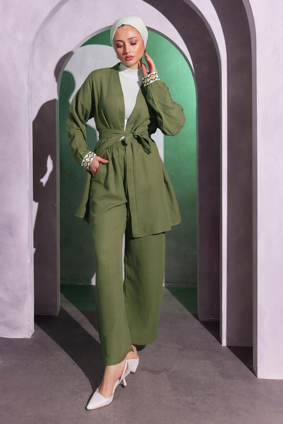 Tesettür giyim HAKİ KUŞAKLI PANTOLONLU MÜSLİN TAKIM T 0904