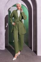 Tesettür giyim HAKİ KUŞAKLI PANTOLONLU MÜSLİN TAKIM T 0904