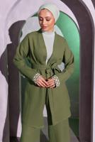 Tesettür giyim HAKİ KUŞAKLI PANTOLONLU MÜSLİN TAKIM T 0904