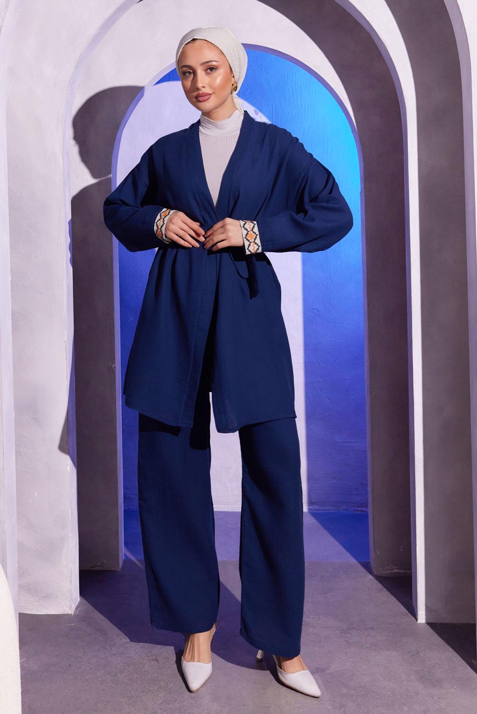 Tesettür giyim LACİVERT KUŞAKLI PANTOLONLU MÜSLİN TAKIM T 0904