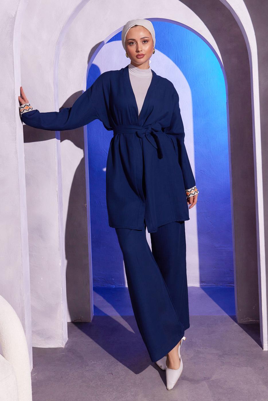 Tesettür giyim LACİVERT KUŞAKLI PANTOLONLU MÜSLİN TAKIM T 0904