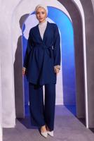 Tesettür giyim LACİVERT KUŞAKLI PANTOLONLU MÜSLİN TAKIM T 0904