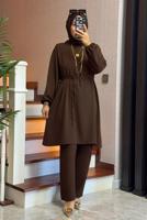 Tesettür giyim KAHVE BAĞCIK DETAYLI PANTOLONLU TAKIM T 1071