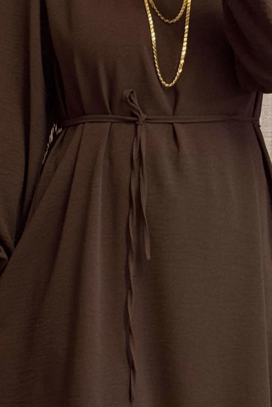 Tesettür giyim KAHVE BAĞCIK DETAYLI PANTOLONLU TAKIM T 1071