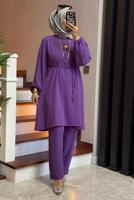 Tesettür giyim MOR BAĞCIK DETAYLI PANTOLONLU TAKIM T 1071