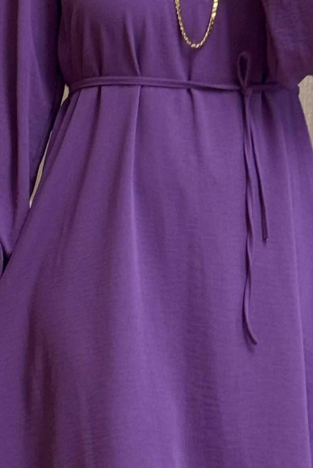 Tesettür giyim MOR BAĞCIK DETAYLI PANTOLONLU TAKIM T 1071 - TRENDTESETTÜR