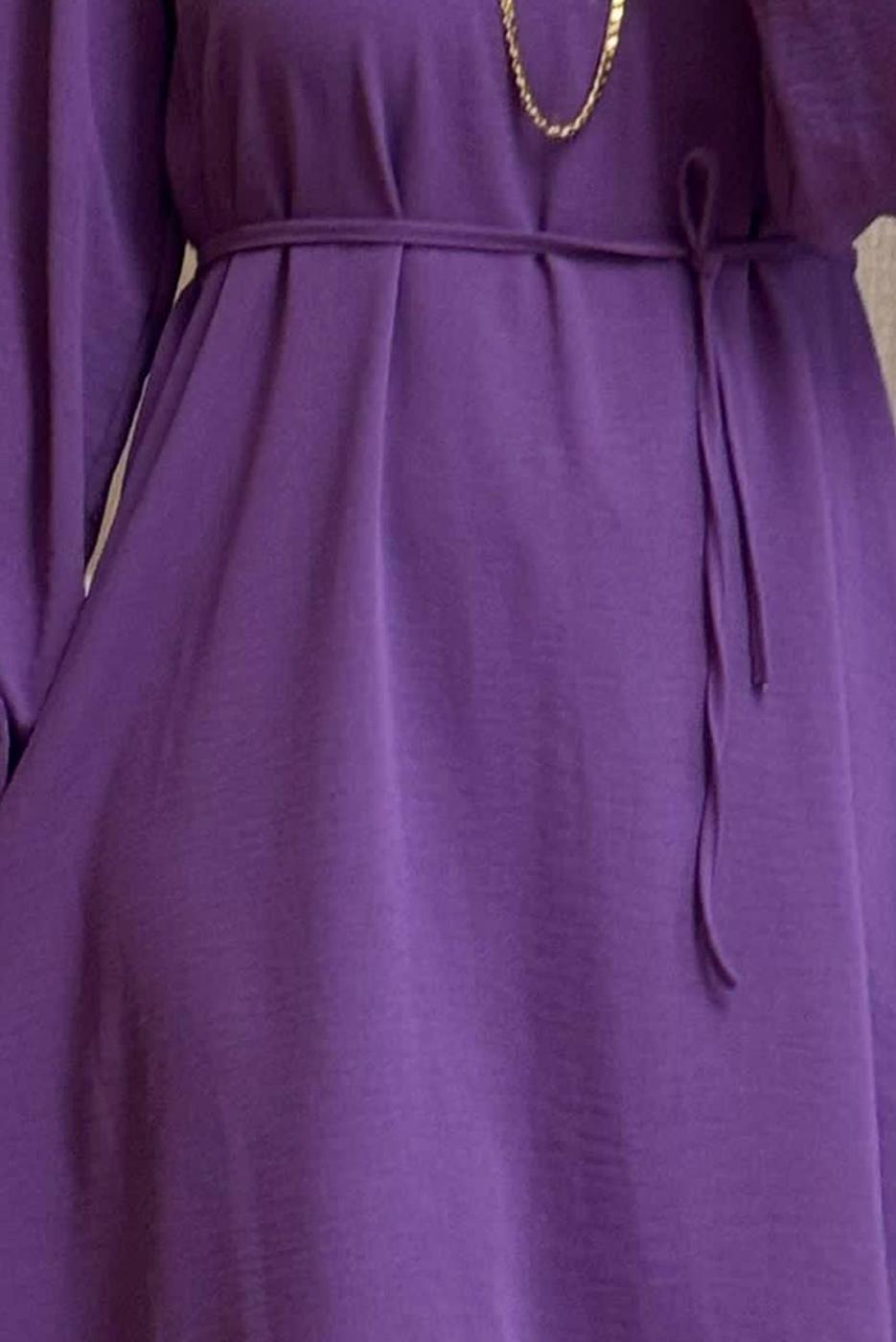 Tesettür giyim MOR BAĞCIK DETAYLI PANTOLONLU TAKIM T 1071