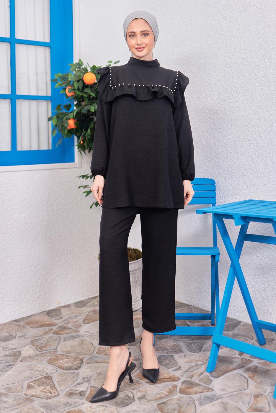 Tesettür giyim SİYAH VOLAN DETAYLI PANTOLONLU TAKIM T 1183