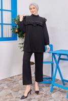 Tesettür giyim SİYAH VOLAN DETAYLI PANTOLONLU TAKIM T 1183