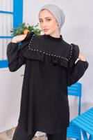 Tesettür giyim SİYAH VOLAN DETAYLI PANTOLONLU TAKIM T 1183