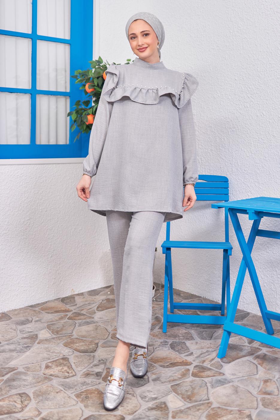 Tesettür giyim GRİ VOLAN DETAYLI PANTOLONLU TAKIM T 1183