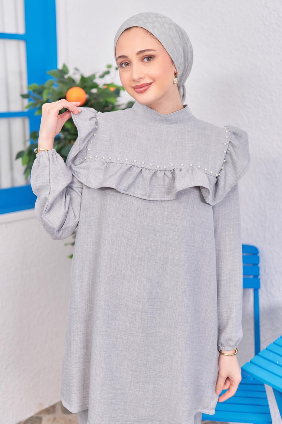 Tesettür giyim GRİ VOLAN DETAYLI PANTOLONLU TAKIM T 1183