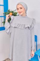 Tesettür giyim GRİ VOLAN DETAYLI PANTOLONLU TAKIM T 1183