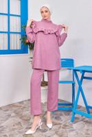 Tesettür giyim MOR VOLAN DETAYLI PANTOLONLU TAKIM T 1183