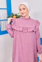 Tesettür giyim MOR VOLAN DETAYLI PANTOLONLU TAKIM T 1183