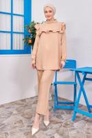 Tesettür giyim BEJ VOLAN DETAYLI PANTOLONLU TAKIM T 1183