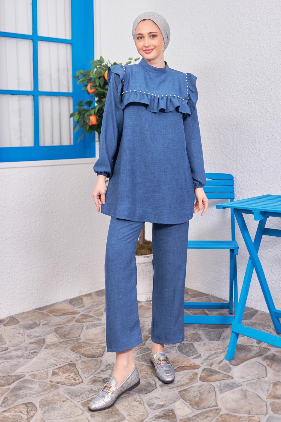 Tesettür giyim LACİVERT VOLAN DETAYLI PANTOLONLU TAKIM T 1183