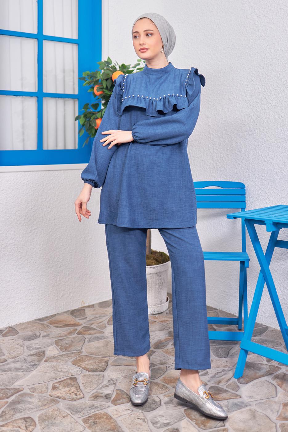 Tesettür giyim LACİVERT VOLAN DETAYLI PANTOLONLU TAKIM T 1183