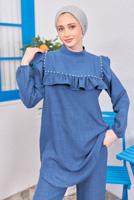 Tesettür giyim LACİVERT VOLAN DETAYLI PANTOLONLU TAKIM T 1183