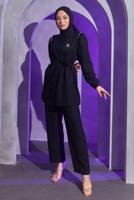 Tesettür giyim SİYAH BROŞ DETAYLI PANTOLONLU TAKIM T 1193