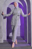 Tesettür giyim GRİ BROŞ DETAYLI PANTOLONLU TAKIM T 1193