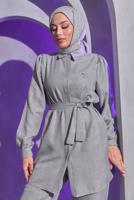 Tesettür giyim GRİ BROŞ DETAYLI PANTOLONLU TAKIM T 1193