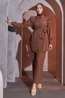 Tesettür giyim KAHVE BROŞ DETAYLI PANTOLONLU TAKIM T 1193