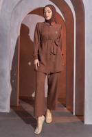 Tesettür giyim KAHVE BROŞ DETAYLI PANTOLONLU TAKIM T 1193