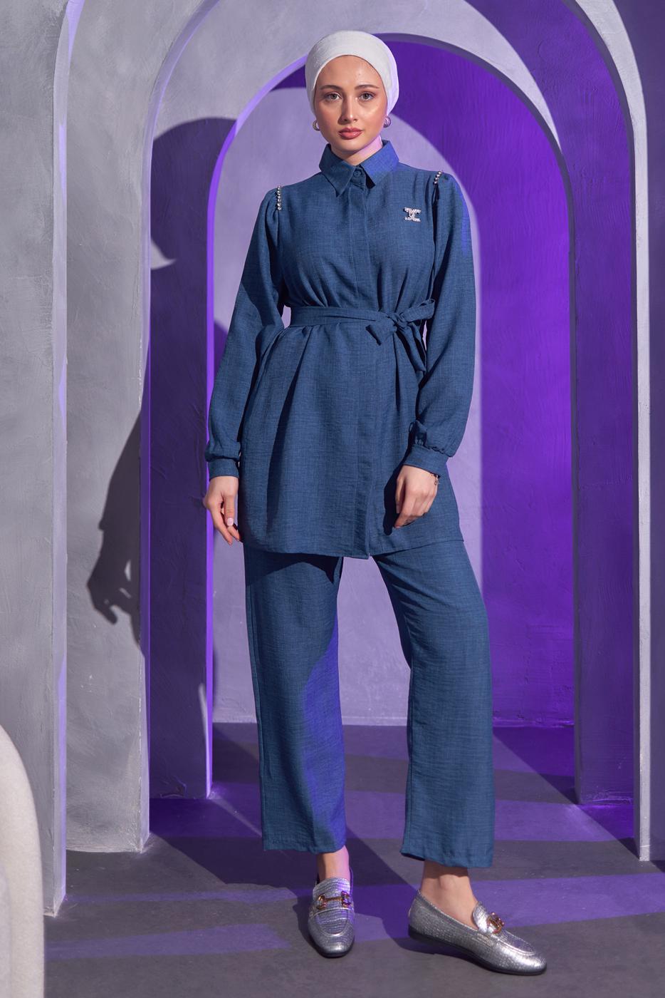 Tesettür giyim LACİVERT BROŞ DETAYLI PANTOLONLU TAKIM T 1193