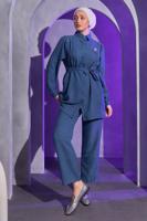 Tesettür giyim LACİVERT BROŞ DETAYLI PANTOLONLU TAKIM T 1193