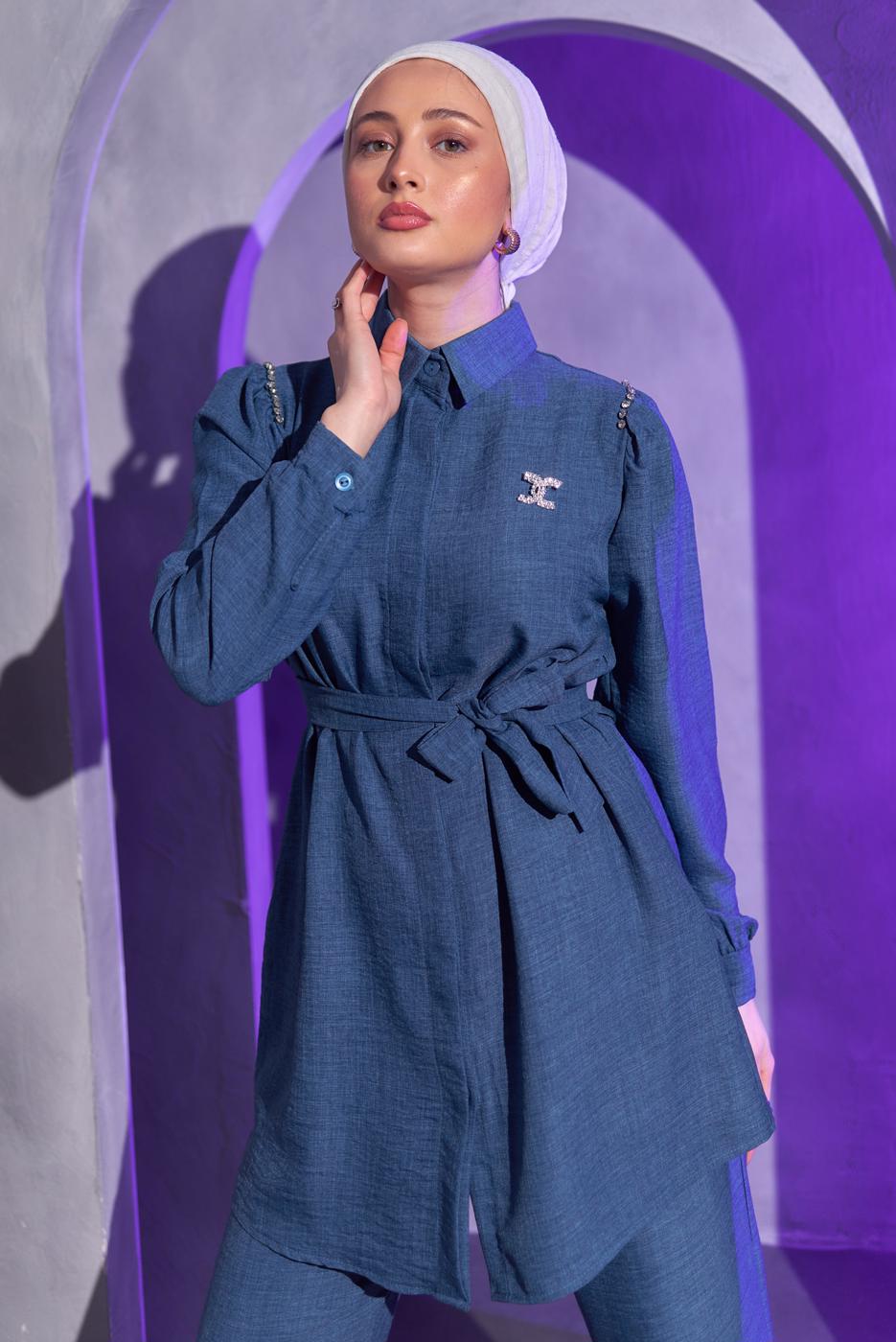 Tesettür giyim LACİVERT BROŞ DETAYLI PANTOLONLU TAKIM T 1193