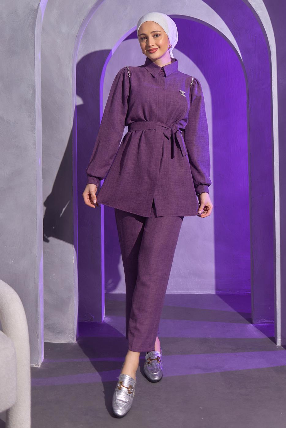 Tesettür giyim MOR BROŞ DETAYLI PANTOLONLU TAKIM T 1193