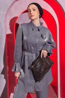 Tesettür giyim GRİ BROŞ DETAYLI PANTOLONLU TAKIM T 1204