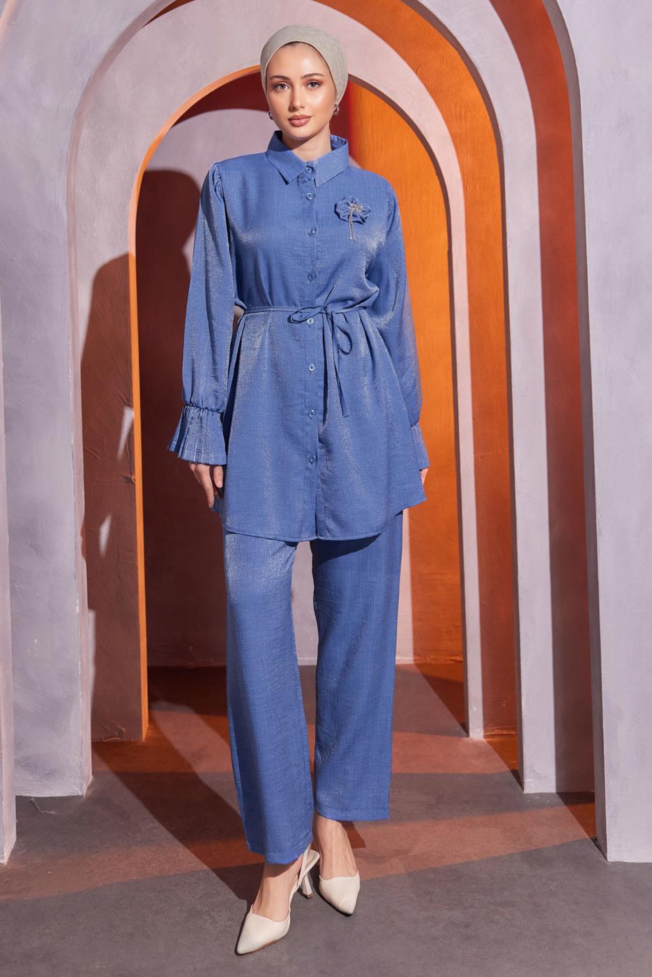 Tesettür giyim LACİVERT BROŞ DETAYLI PANTOLONLU TAKIM T 1204