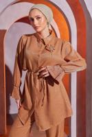 Tesettür giyim TURUNCU BROŞ DETAYLI PANTOLONLU TAKIM T 1204