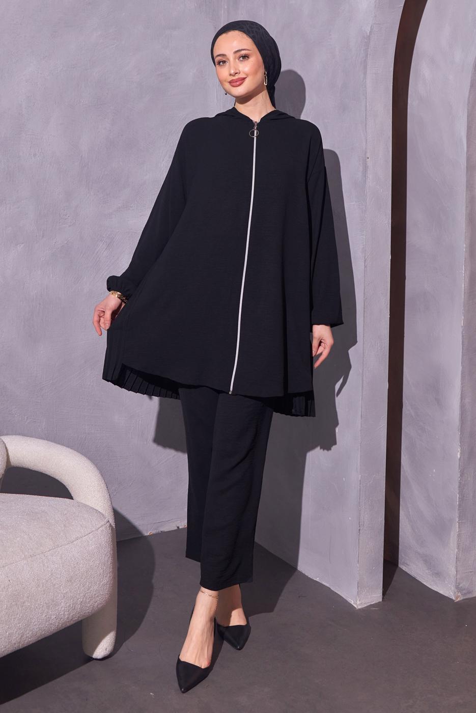 Tesettür giyim SİYAH KAPÜŞONLU PANTOLONLU TAKIM T 1214